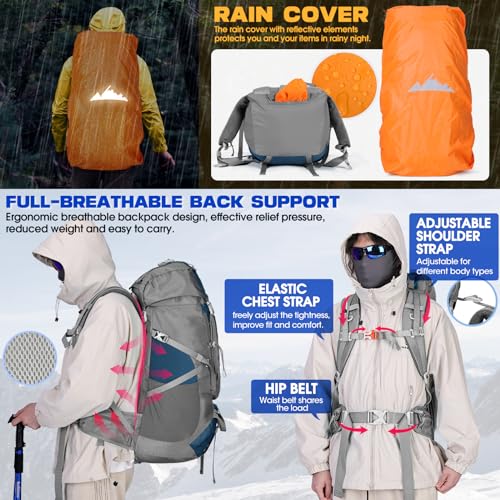 IGOLUMON 60L Hiking Backpack Waterproof Camping Backpack with Rain Cover Large Lightweight Backpacking Backpack for Men Women - color: Blue