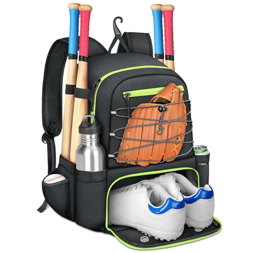 MATEIN Baseball Bat Bag for 4 Bats with Ball Pocket, Lightweight Youth Baseball Backpack with Shoe Compartment, Large Capacity Softball Equipment Bag with Fence Hook for TBall Gear, Helmet, Glove - color: Black