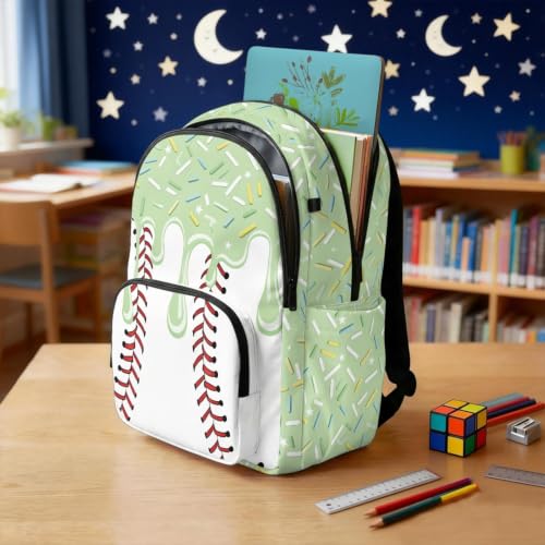 Suobstales Green Baseball Ice Cream Drip Print Kids School Backpack Heavy Duty Schoolbag Travel Casual Daypack Teens Boys Girls Back to School Gifts 17 Inch Bookbag Middle School Students Rucksack - color: Green Baseball Ice Cream Drip