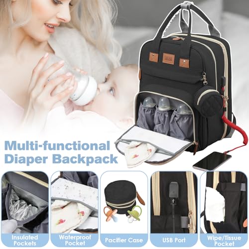 JSTPRO Diaper Bag Backpack, Large Diaper Bag with Changing Pad, Baby Bag, New Mom Gifts, Lightweight Waterproof Unisex Diaper Bag with Insulated Pockets and USB Charging Port, Black - color: Black