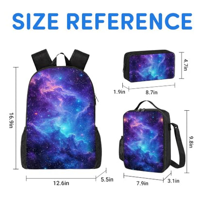 3PCS Galaxy Print Backpack for Boys Girls Teens, School Backpack with Lunch Box Pencil Case for Elementary Middle High Students, 17 Inch Lightweight Bookpack 3 in 1 Set Back to Shool Gifts for Kids - color: Galaxy