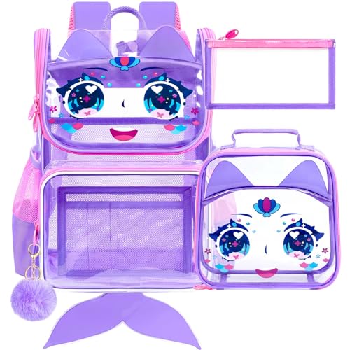 UFNDC 3PCS Clear Backpack for Girls and Boys, Unicorn Cat Transparent Bookbag, See Through School Bag for Kids Elementary - color: Mermaid Purple Clear Backpack Set