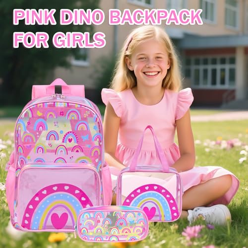 SHPMXUPW 3-Piece Clear PVC School Backpack for Boys and Girls, 17″ Kids Transparent Pink Backpack Set with Lunch Bag & Pencil Case–Adjustable Straps, Side Mesh Pocket & Sturdy Handle (Pink-Rainbow) - color: Pink-Rainbow