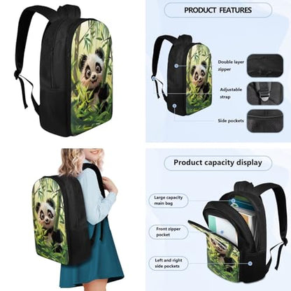 Flashideas Cute Panda Backpack for Boys Girls Backpack with Lunch Box Water Bottle 32 oz and Water Bottle Holder 4Pcs Set 17" Bookbag with Compartments for School Sturdy School Bag for Kids Elementary - color: Bamboo Panda