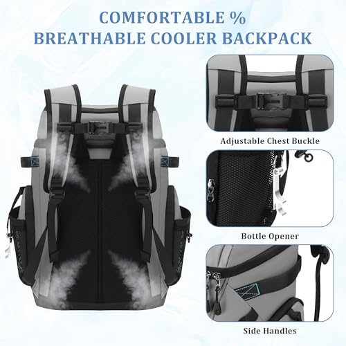 30L Cooler Backpack for Men Women, Leak Proof & Waterproof, Double Decker Insulated Backpack Cooler for Beach Camping Picnic (7.93 Gal, 48 Can) - color: Gray