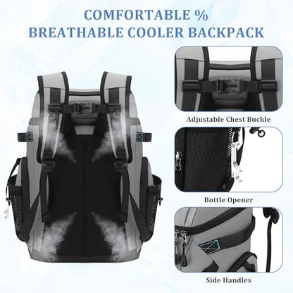 30L Cooler Backpack for Men Women, Leak Proof & Waterproof, Double Decker Insulated Backpack Cooler for Beach Camping Picnic (7.93 Gal, 48 Can) - color: Gray