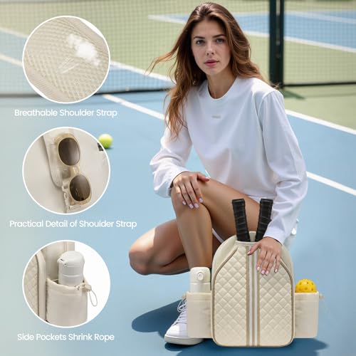 Sucipi Pickleball Bags for Women Lightweight Crossbody and Stylish Quilted Pickleball Paddle Sling Bag Backpack - color: Beige, size: Large