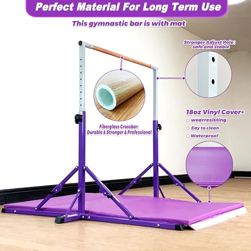 Marfula Gymnastic Bar For Kid and Teenage of 3-25, 5Ft/8 FT Base Length 4Ft Width 5Ft Adjust Height, Gymnastic Kip Bar For Gymnast, Gymnastic Training Equipment For Professional Training Home Club Use - color: Bar With Mat-Hot Purple (5 Ft Base)