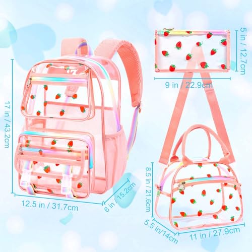 KLFVB Girls Clear Backpack Heavy Duty, 3PCS See Through School Bag Set, Cute Transparent Bookbag for Women - Strawberry Pink - color: Strawberry Pink Clear Backpack