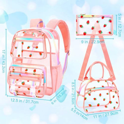 KLFVB Girls Clear Backpack Heavy Duty, 3PCS See Through School Bag Set, Cute Transparent Bookbag for Women - Strawberry Pink - color: Strawberry Pink Clear Backpack