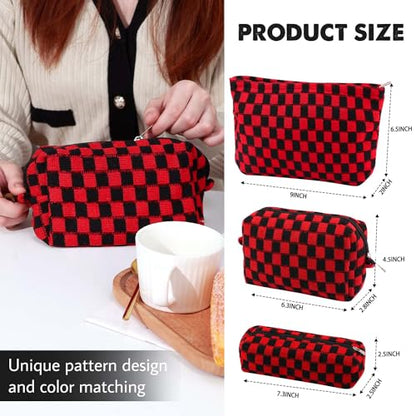 3 Pcs Makeup Bag Cosmetic Bag Set for Girls Women Checkered Travel Organizer Bathroom Toiletry Pouch Large Capacity Storage Bag(Red-Black) - color: Red-Black