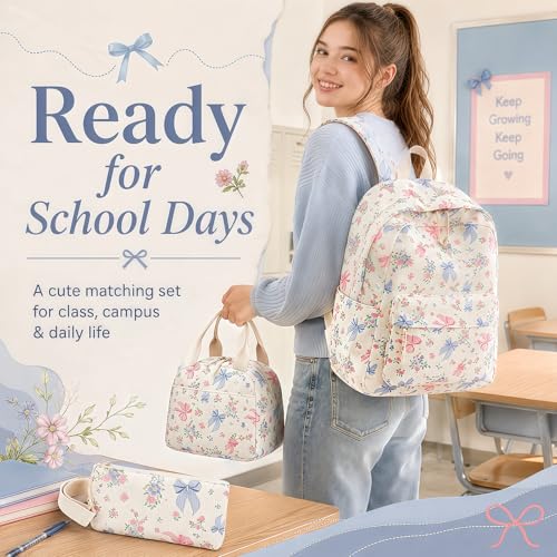 Bluboon School Backpack Set Girls Womens Laptop Bookbag Casual Daypack Fits 15 inch Laptop with Lunch Tote Bag and Pencil Bag - color: Pink Blue Bow 236 Beige