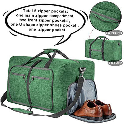 Vomgomfom 65L/85L/115L Foldable Travel Duffle Bag, Lightweight Checked Luggage with Shoe Compartment, Water-Resistant Weekender Overnight Bag for Men & Women - color: E Deep Green, size: 85L