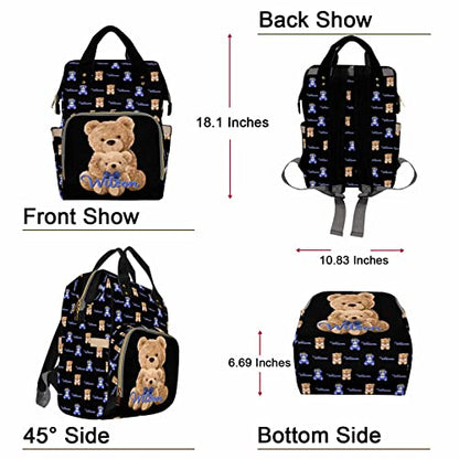 Custom Bear Diaper Bag Backpack for Baby Boy, Personalized Name Cute Cartoon Large Nappy Nursing Orangizer Mommy Bags, Waterproof Travel Daypack for Dad Mom Gifts - color: Bear-black-01