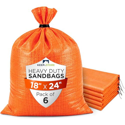 Heavy Duty Sand Bags Pack of 6, Bright Orange Empty Sandbags with Built-In Ties, Woven Polypropylene UV Protection 1600 Hours, Fillable Bags for Flood Control, Weight, 18x24 inches, 60 Pounds Volume - size: 18"W x 24"L, style: Pack of 6