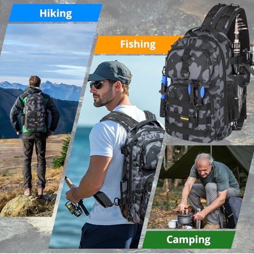 PLUSINNO Fishing Backpack with Floating Fishing Net, Tackle Boxes, Waterproof Sling Tackle Bag For Fish Gear With Rod Holder, Gifts for Men - color: Fishing Backpack With Fishing Net