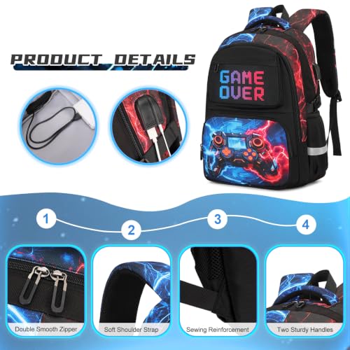 Scothen 3PCS Boys Backpack Set, Cool Backpack for Boys with Lunch Bag & Pencil Case, Kids School Bag Teen Boy Bookbag for Kindergarten Elementary Middle School with USB Charging Port - color: Red & Blue Lightning