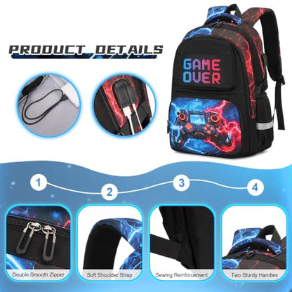 Scothen 3PCS Boys Backpack Set, Cool Backpack for Boys with Lunch Bag & Pencil Case, Kids School Bag Teen Boy Bookbag for Kindergarten Elementary Middle School with USB Charging Port - color: Red & Blue Lightning