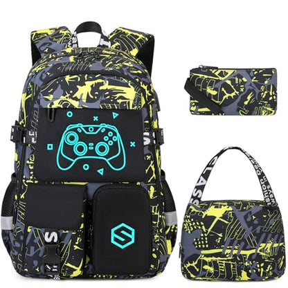 Scothen Boys Backpack, Cool Luminous School Backpacks for Boys with Lunch Bag Pencil Case, Kids Backpack Kindergarten Elementary Middle School Book Bags for Teen Boys Children with USB Charging Port - color: Yellow Graffiti