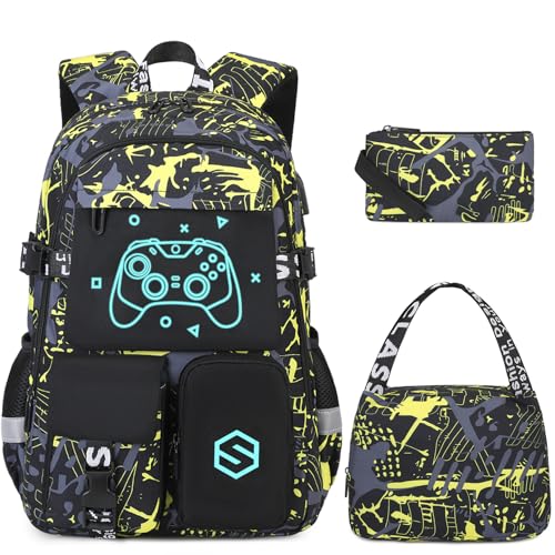 Scothen Boys Backpack, Cool Luminous School Backpacks for Boys with Lunch Bag Pencil Case, Kids Backpack Kindergarten Elementary Middle School Book Bags for Teen Boys Children with USB Charging Port - color: Yellow Graffiti