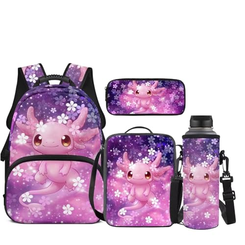 JEOCODY Axolotl Girls School Bag with Lunch Bag Pencil Case and Water Bottle Holder 4 PCS Backpack Accessories School Daypack Travel Bag Satchel Bagpack - color: Cherry Blossom Axolotl Printed