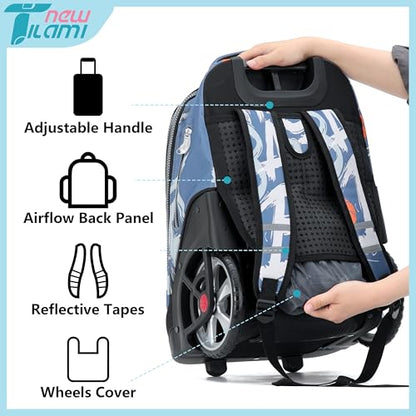 NEW TILAMI 19 inch Rolling Backpack Teens Rolling Backpack Cute Wheeled Laptop Backpack Bookbag Roller Travel Bag College, Basketball Street - color: Blue Basketball Street