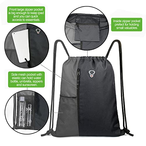 BeeGreem Grey Sport Bag Drawstring Backpack String Bag For Men Women Gym Backpack With Water Bottle Mesh Pockets And Two Zipper Pockets 16" x 20" - color: Black/Grey, style: Drawstring With Mesh Pocket