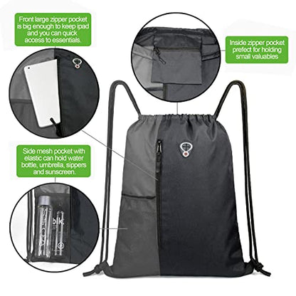 BeeGreem Grey Sport Bag Drawstring Backpack String Bag For Men Women Gym Backpack With Water Bottle Mesh Pockets And Two Zipper Pockets 16" x 20" - color: Black/Grey, style: Drawstring With Mesh Pocket