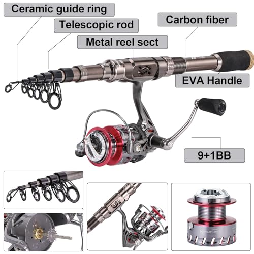 Sougayilang Fishing Rod and Reel Set Carbon Fiber Telescopic Fishing Rod 12+1BB Spinning Reel with Carry Case for Saltwater Freshwater - color: silver, size: 8.78 ft - 4000