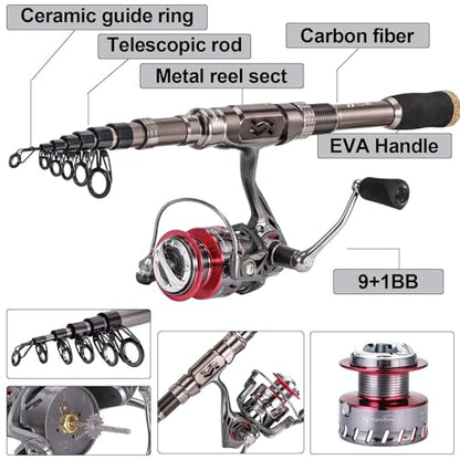 Sougayilang Fishing Rod and Reel Set Carbon Fiber Telescopic Fishing Rod 12+1BB Spinning Reel with Carry Case for Saltwater Freshwater - color: silver, size: 5.91 ft - 2000