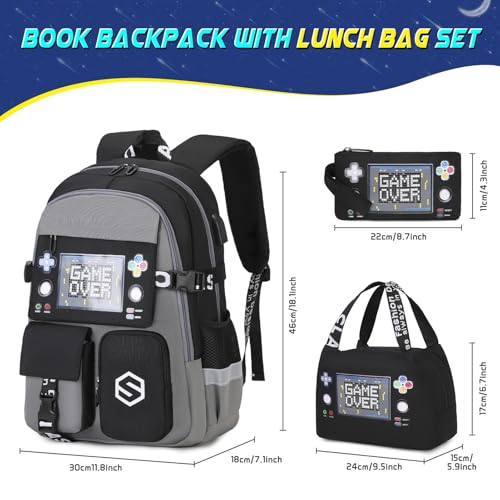 Scothen Boys Backpack, Cool Luminous School Backpacks for Boys with Lunch Bag Pencil Case, Kids Backpack Kindergarten Elementary Middle School Book Bags for Teen Boy Children with USB Charging Port - color: Gray