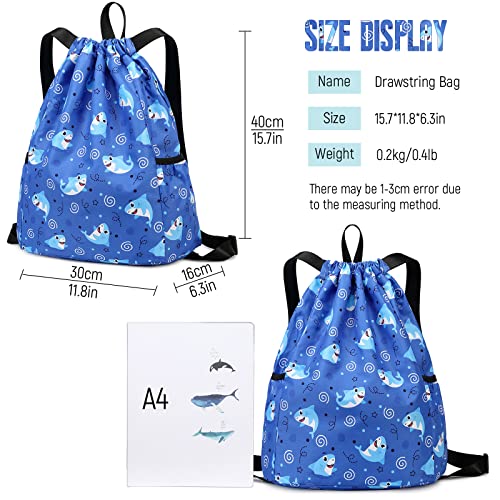 Trendy Drawstring Backpack for Kids - Fun and Functional Gym Dance Beach Swim Travel Bag with Two Water Bottle Holders - color: Shark Light Blue