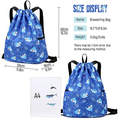 Trendy Drawstring Backpack for Kids - Fun and Functional Gym Dance Beach Swim Travel Bag with Two Water Bottle Holders - color: Shark Light Blue