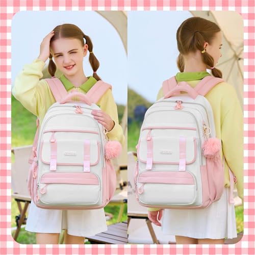 School Backpack for Girls, Laptop Backpack 15.6 Inch Kids Elementary Middle High School Bag Anti Theft Cute College Bookbags for Teens Girls Women Students Casual Travel Daypack,Pink Beige - color: Pink Beige