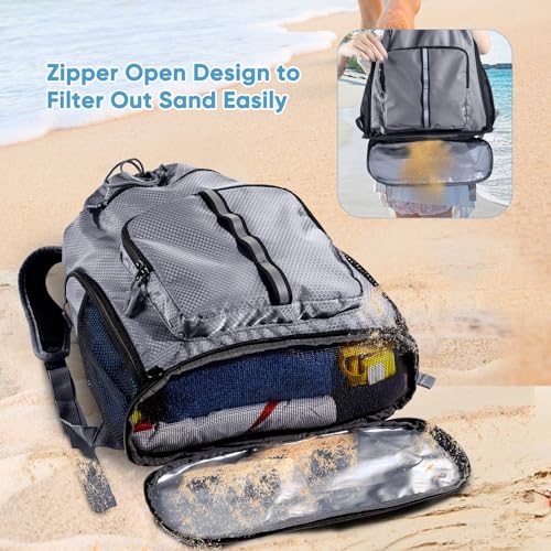 Large Beach Backpack w/Shoe Compartment &Detachable Ball Mesh Bag - color: Grey