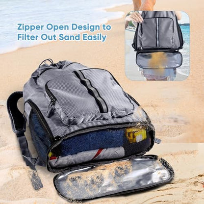 Large Beach Backpack w/Shoe Compartment &Detachable Ball Mesh Bag - color: Grey