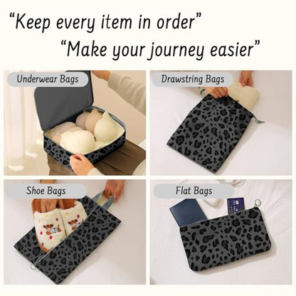 9 Set Packing Cubes for Travel Essentials - Lightweight Carry-On Luggage Organizer Bags with Shoe, Clothes & Laundry Bags for Airplane, Family & Business Travel, Gray leopard print - color: Gray leopard print