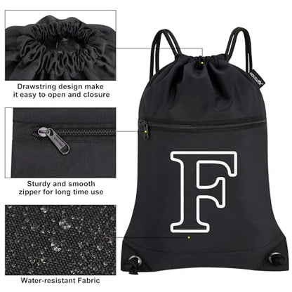 HOLYLUCK Drawstring Bags Initial Backpack Sackpack Cinch Bags for Sports, Gym, Travel, Beach(Black-F) - color: Black-f