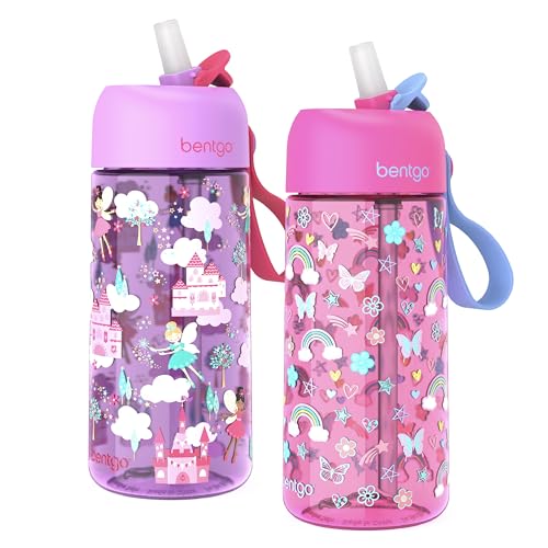 Bentgo Kids Water Bottle 2-Pack - Leak-Proof Durable Tritan BPA-Free 15 oz Cup for Kids/Toddlers Ages 3+; Bite & Sip Spout + Dishwasher Safe for School/Sports/Daycare (Rainbows & Butterflies/Fairies) - color: Rainbows and Butterflies & Fairies
