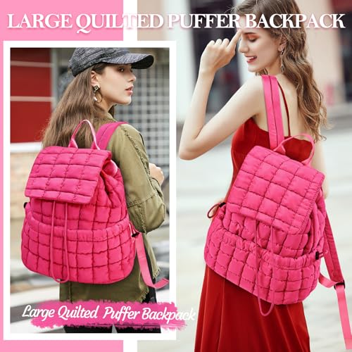 Quilted Puffer Backpack for Women Lightweight Soft Puffy Backpack Purse Casual Daily Drawstring Flap Daypack (Rose Red) - color: Rose Red