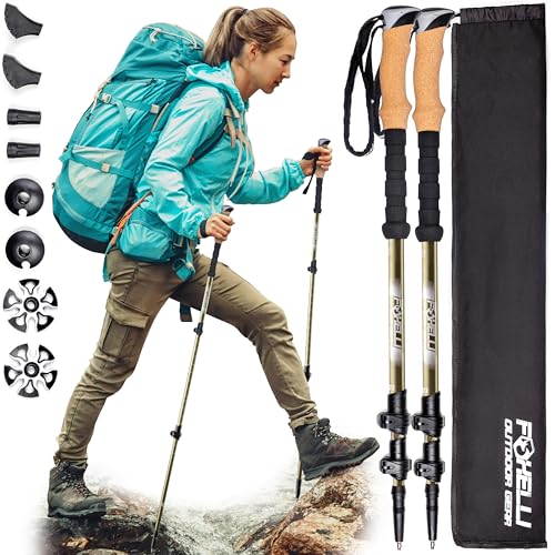 Foxelli Carbon Fiber Trekking Poles – Lightweight Collapsible Hiking Poles with Cork Grips, Quick Flip Locks & All-Terrain Accessories – Adjustable Height Hiking Sticks for Men & Women - color: Khaki