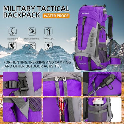 King'sGuard 60L Hiking Backpack for Men and Women Lightweight Camping Hiking Backpack with Rain Cover Large Waterproof Travel Backpack Backpacking Pack (Purple) - color: Purple