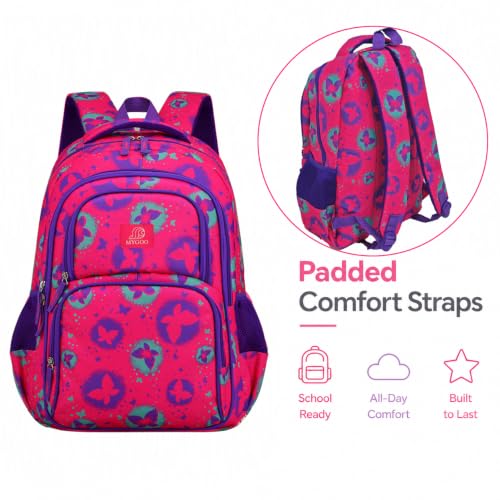 MYGOO Girls School Backpack Campus Butterfly Magenta Bookbag for Elementary Middle School Ages 5-12, 17 inch Large Capacity 24L Kids Student Travel Bags - color: Campus Butterfly Magenta