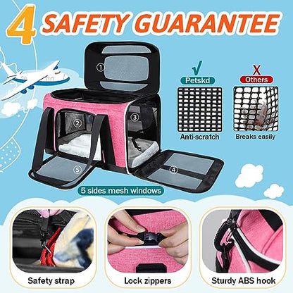 Petskd Top-Expandable Pet Carrier 18x13x9.5 Inches Southwest Airline Approved, Soft-Sided Carrier for Small Cats and Dogs with Locking Safety Zippers and Anti-Scratch Mesh(Pink) - color: Pink, size: 18.0"L x 13.0"W x 9.5"H
