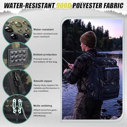 HAMBOLY Fishing Backpack 45L with Rod Holders, Water-Resistant Tackle Backpack for Fishermen, Large Capacity Fishing Gear Bag for Travel Hiking Camping - color: Dark CM