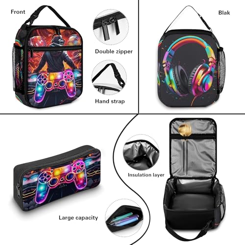 Boys Backpack with Lunch Box and Pencil Case, 3Pcs Gamer Backpack for Boys Teens, 17 Inch Large Capacity - color: GAME-YLWJ-7