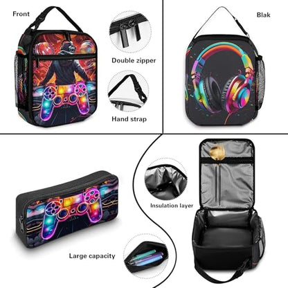 Boys Backpack with Lunch Box and Pencil Case, 3Pcs Gamer Backpack for Boys Teens, 17 Inch Large Capacity - color: GAME-YLWJ-7