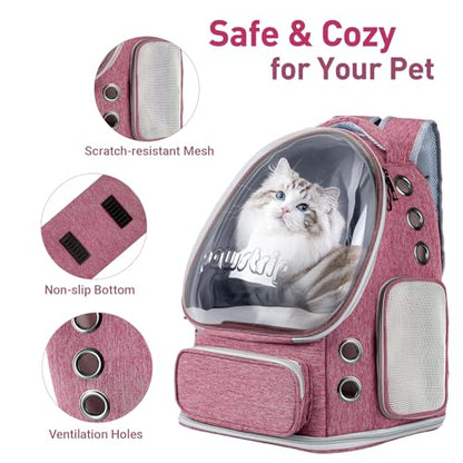 Cat Backpack Carrier with Large Space Bubble Window, Airline Approved Breathable Pet Carrier for Small Dogs Cats up to 15lbs, Foldable for Travel Hiking & Outdoor Use - color: Pink