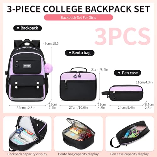 CYOQX 3PCS School Backpack for Girls with Lunch Box Teen Girl Backpack Set Elementary Middle High School Bag Large Cute Bookbags Kids Book Bag - color: Black Purple 3pcs