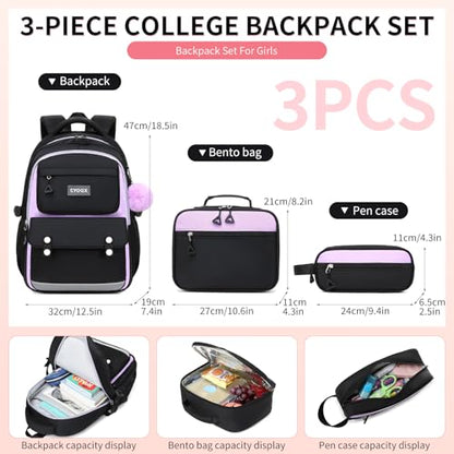 CYOQX 3PCS School Backpack for Girls with Lunch Box Teen Girl Backpack Set Elementary Middle High School Bag Large Cute Bookbags Kids Book Bag - color: Black Purple 3pcs
